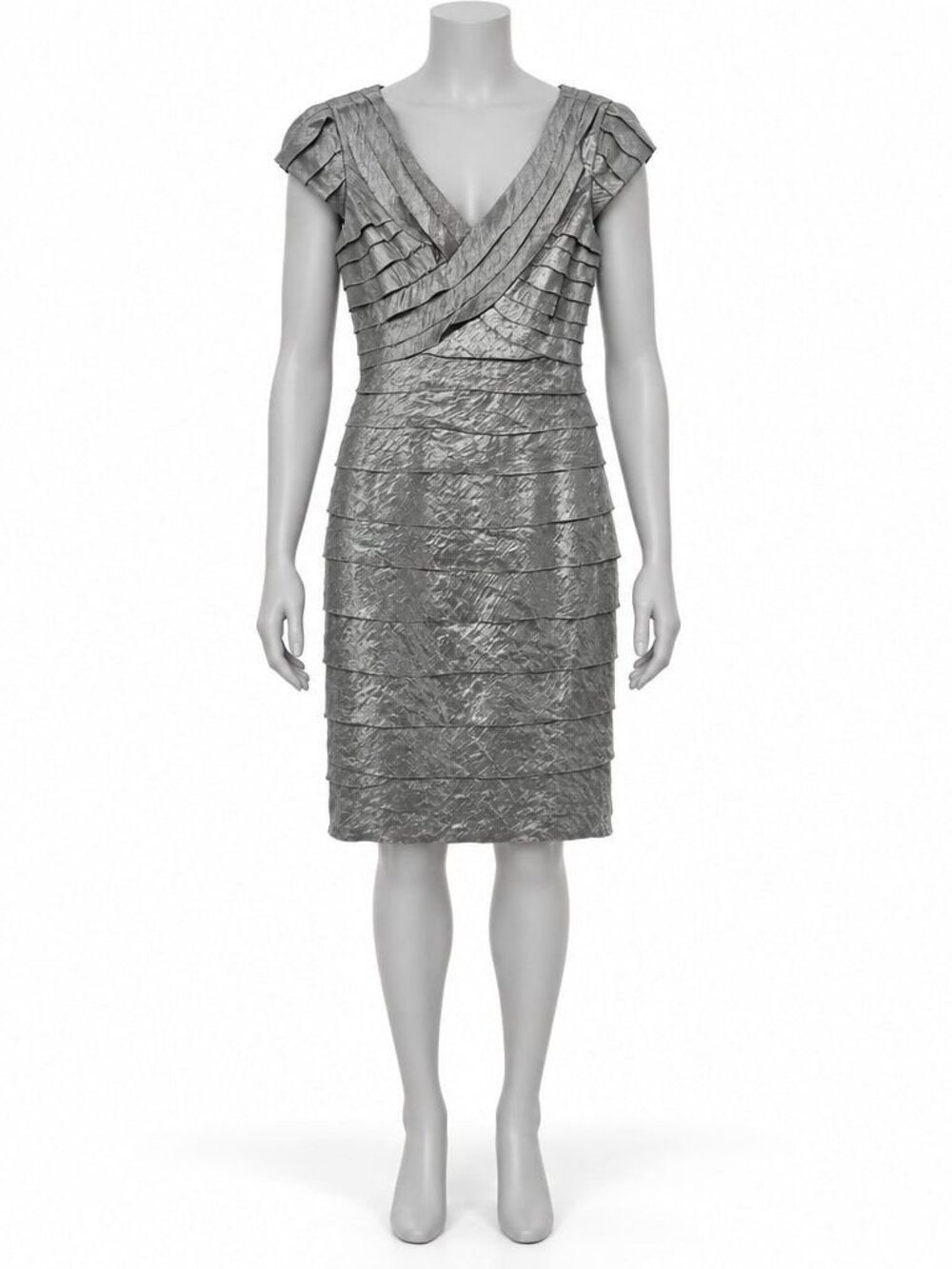 London Times Metallic Silver Tiered Ruffle Sleeveless Sheath Dress